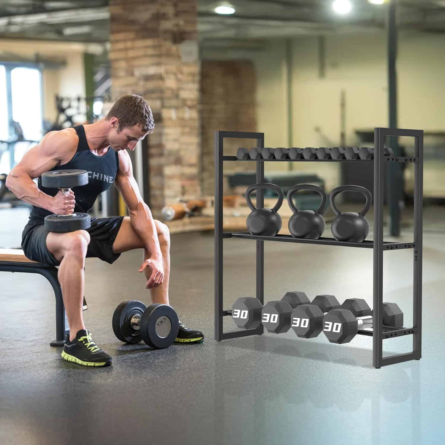 Man exercising with dumbbells in a gym setting, kettlebell rack in the foreground.