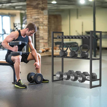 Man exercising with dumbbells in a gym setting, kettlebell rack in the foreground.