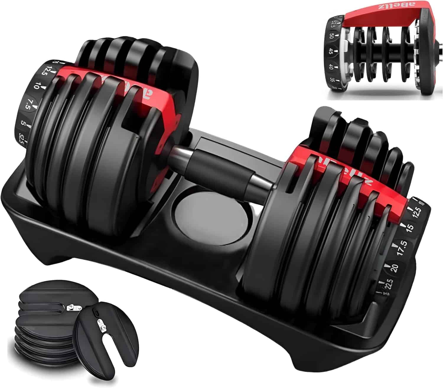 Pair of adjustable dumbbells with weight plates on a white background