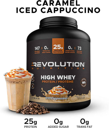 Revolution Nutrition High Whey Protein container with caramel iced cappuccino flavor, showing protein content and ingredients.