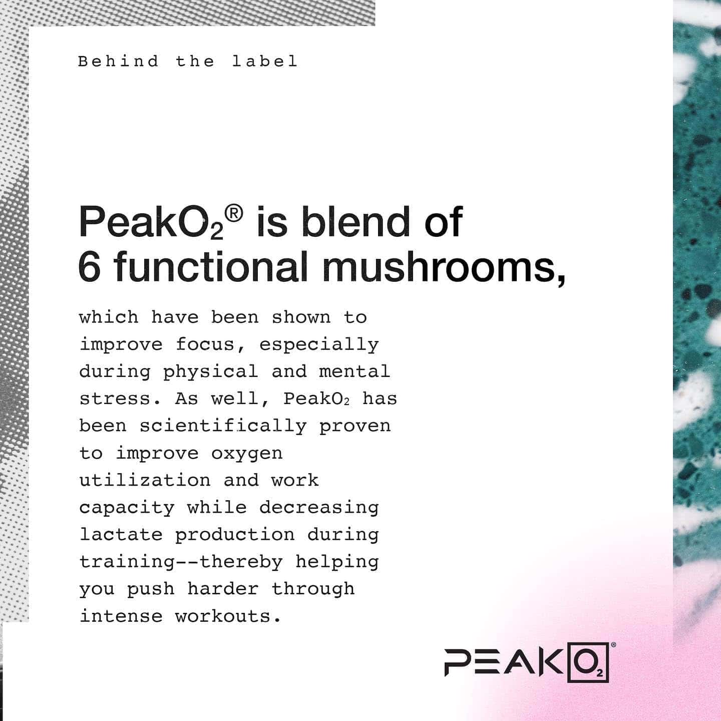 Advertisement for PeakO2 with text about its blend of functional mushrooms and benefits.