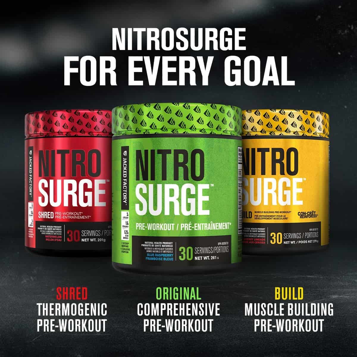 Three containers of Nitro Surge pre-workout supplement with labels for Shred, Original, and Build on a dark background.