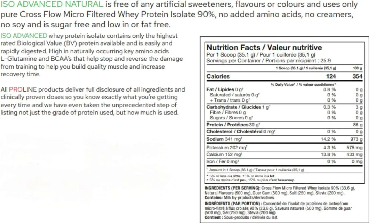 Nutrition label for a protein supplement with text and nutritional information.