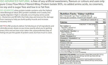 Nutrition label for a protein supplement with text and nutritional information.