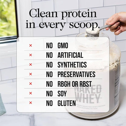 Naked Whey protein powder container with a list of ingredients and a hand scooping protein.