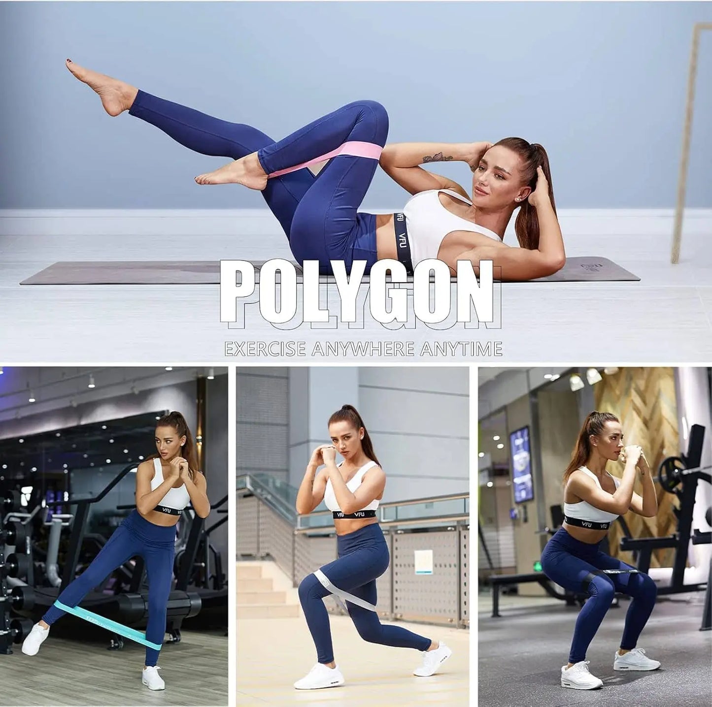Woman exercising with a resistance band in various settings, featuring the brand 'Polygon'.