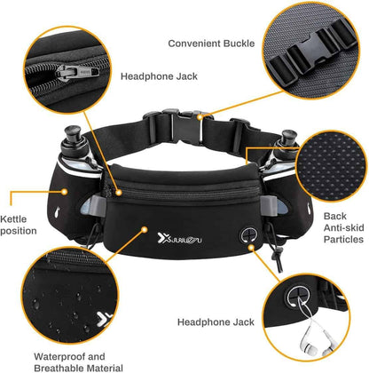Number-One Running Belt with 2 Water Bottles – Waterproof Hydration Waist Pack with Adjustable Fit for Running, Hiking, Cycling, Marathon (iPhone-Compatible) Number-one