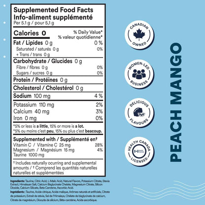 Supplemented food facts label for peach mango flavor on a blue background with brand logos.