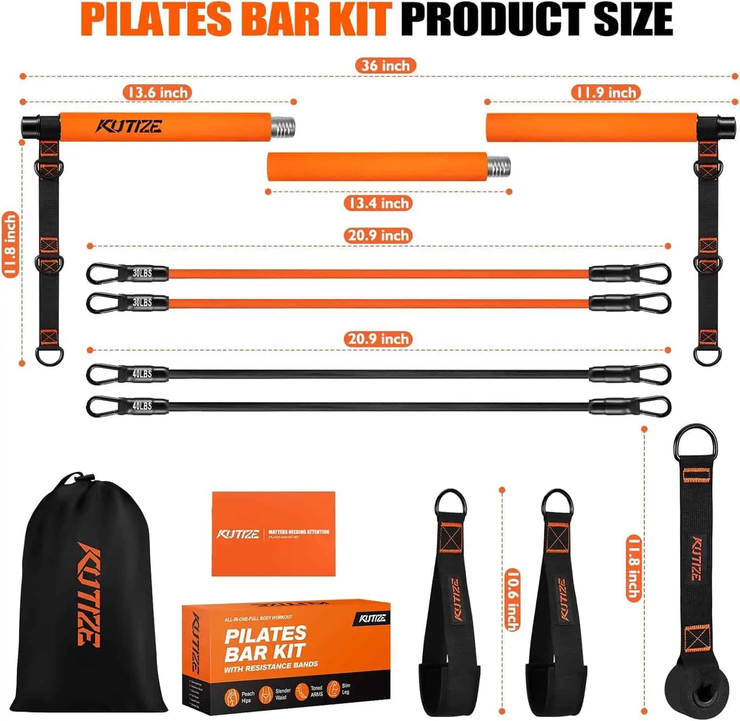 Pilates bar kit with various components and measurements displayed.