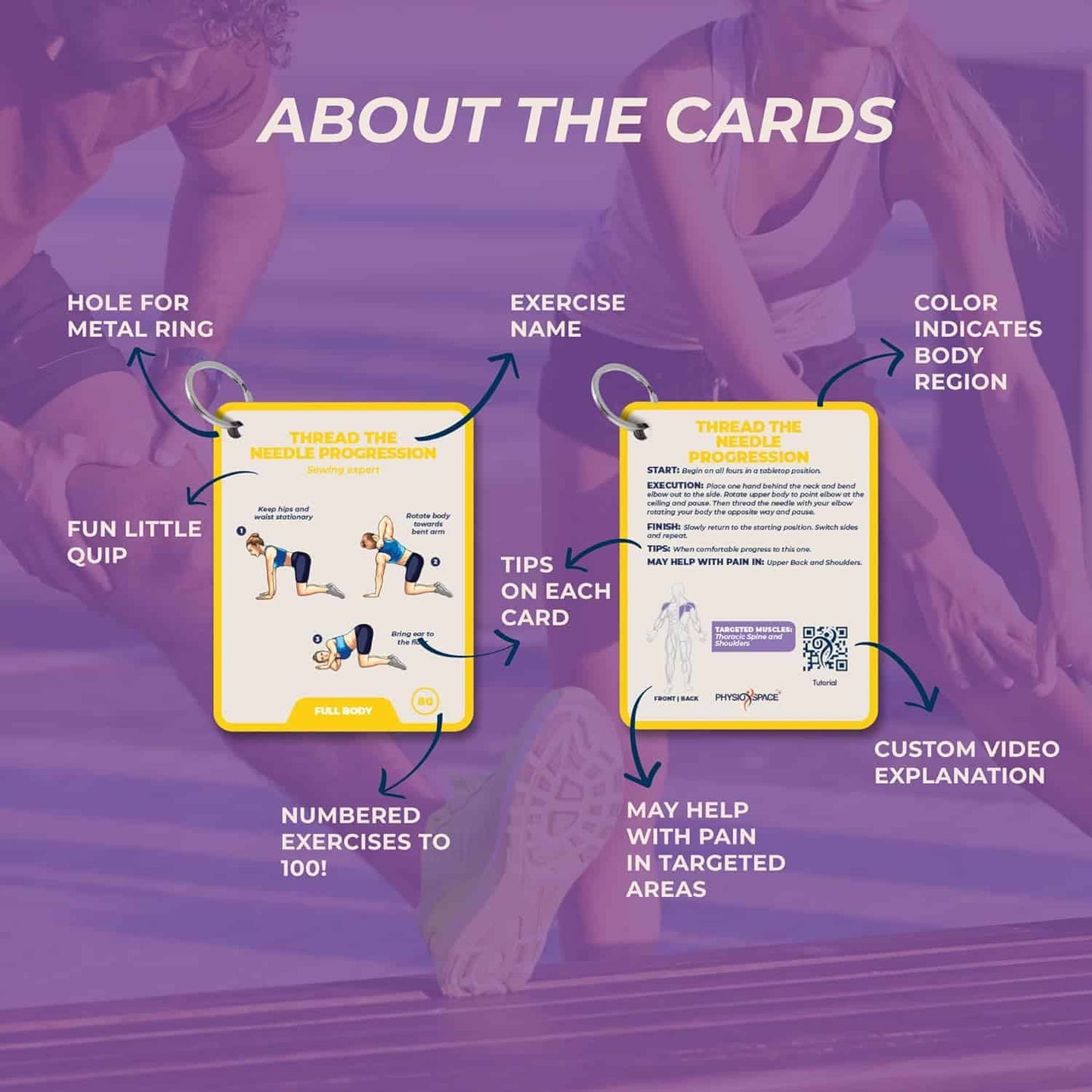 Exercises cards with features highlighted on a purple background