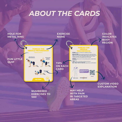 Exercises cards with features highlighted on a purple background