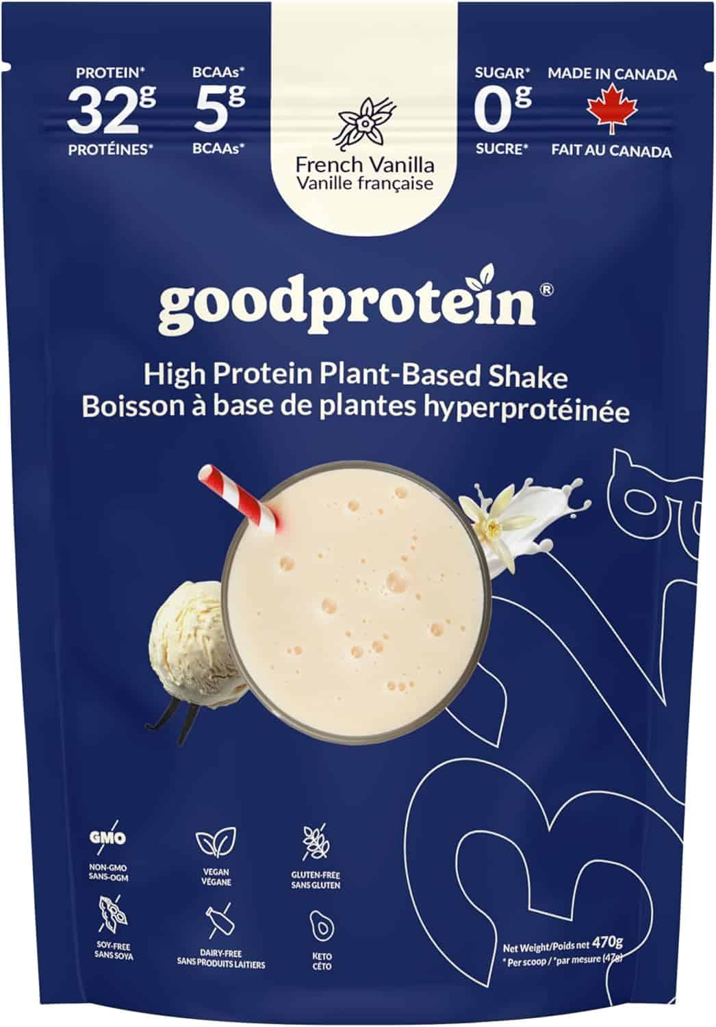 Goodprotein high protein plant-based shake package with vanilla flavor