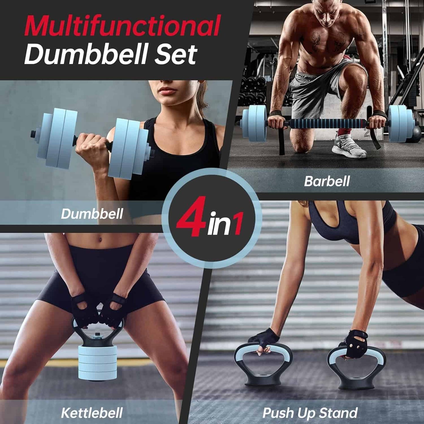 Multifunctional dumbbell set with barbell, dumbbell, kettlebell, and push-up stand features.