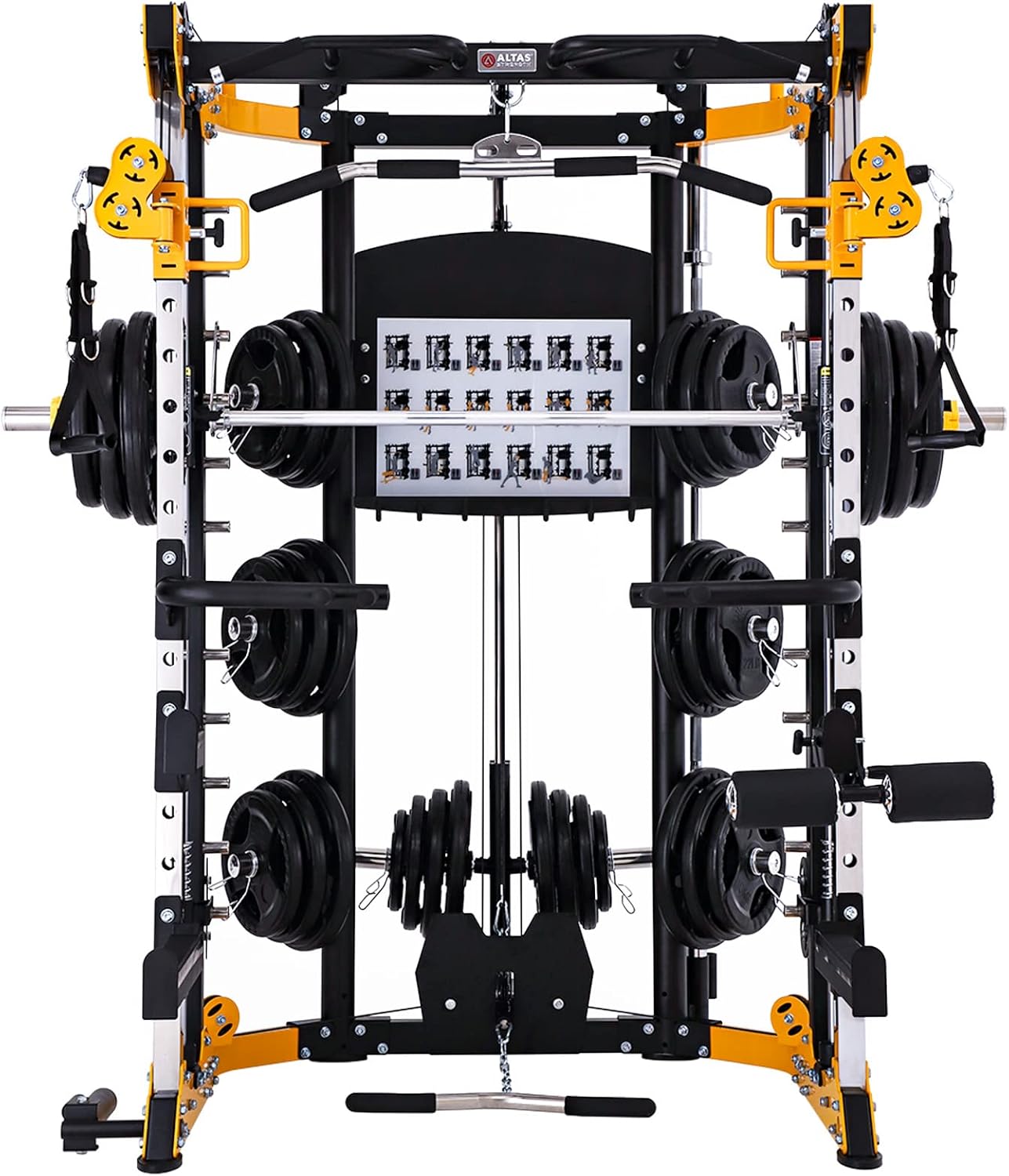 Gym power rack with weight plates and dumbbells on a white background