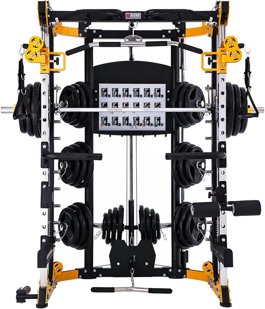 Gym power rack with weight plates and dumbbells on a white background