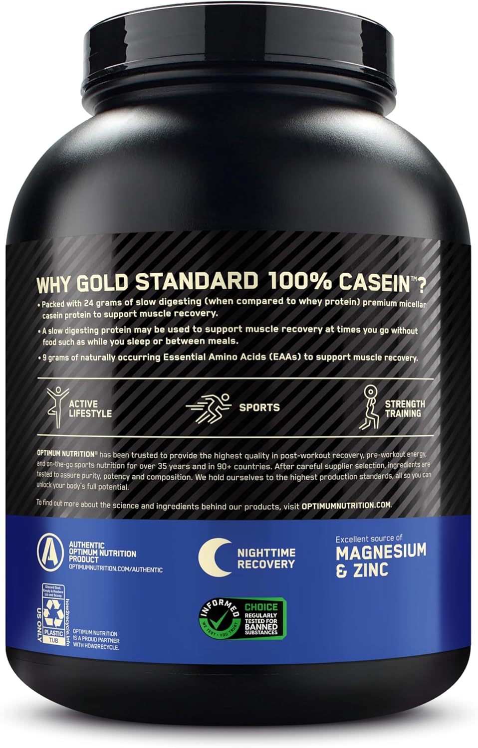 Black and blue container of Gold Standard 100% Casein protein powder with text and logos on the label.