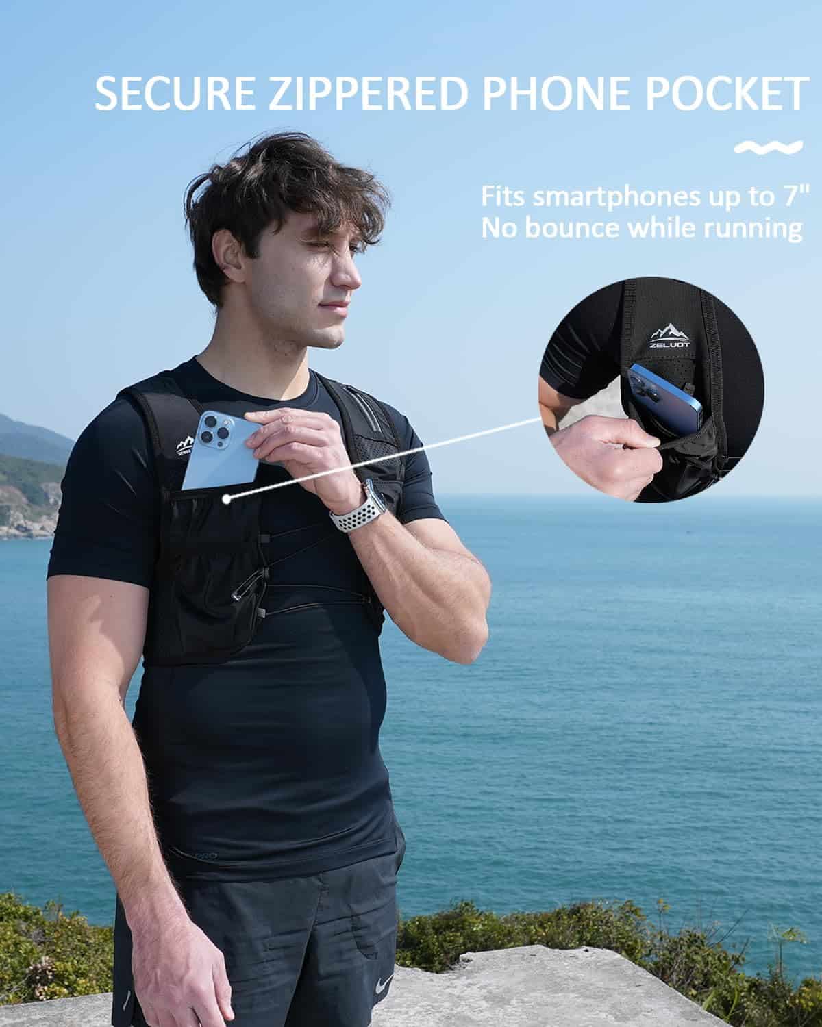 Man wearing a black phone pocket with a scenic background