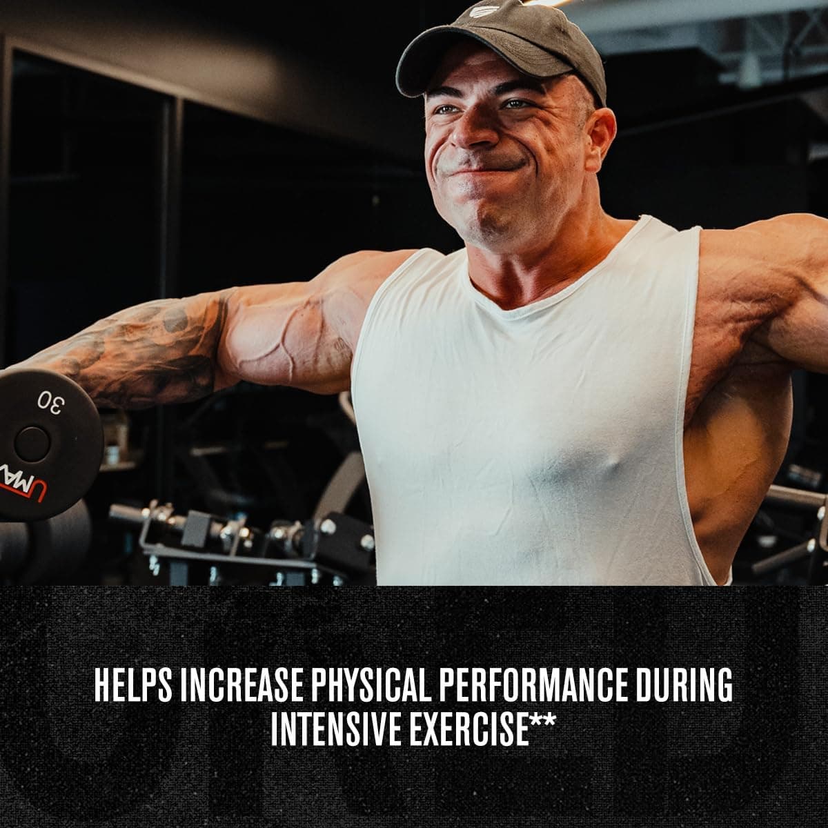 Muscular man in a gym setting with text about physical performance during exercise