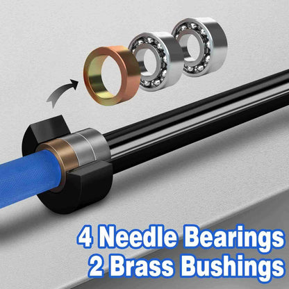 Mechanical component with needle bearings and brass bushings on a gray background