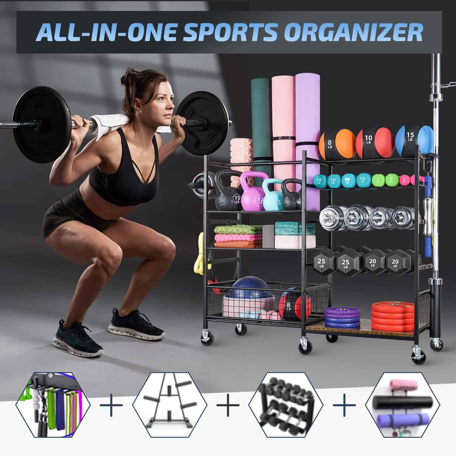 Woman lifting weights next to an all-in-one sports organizer with fitness equipment.