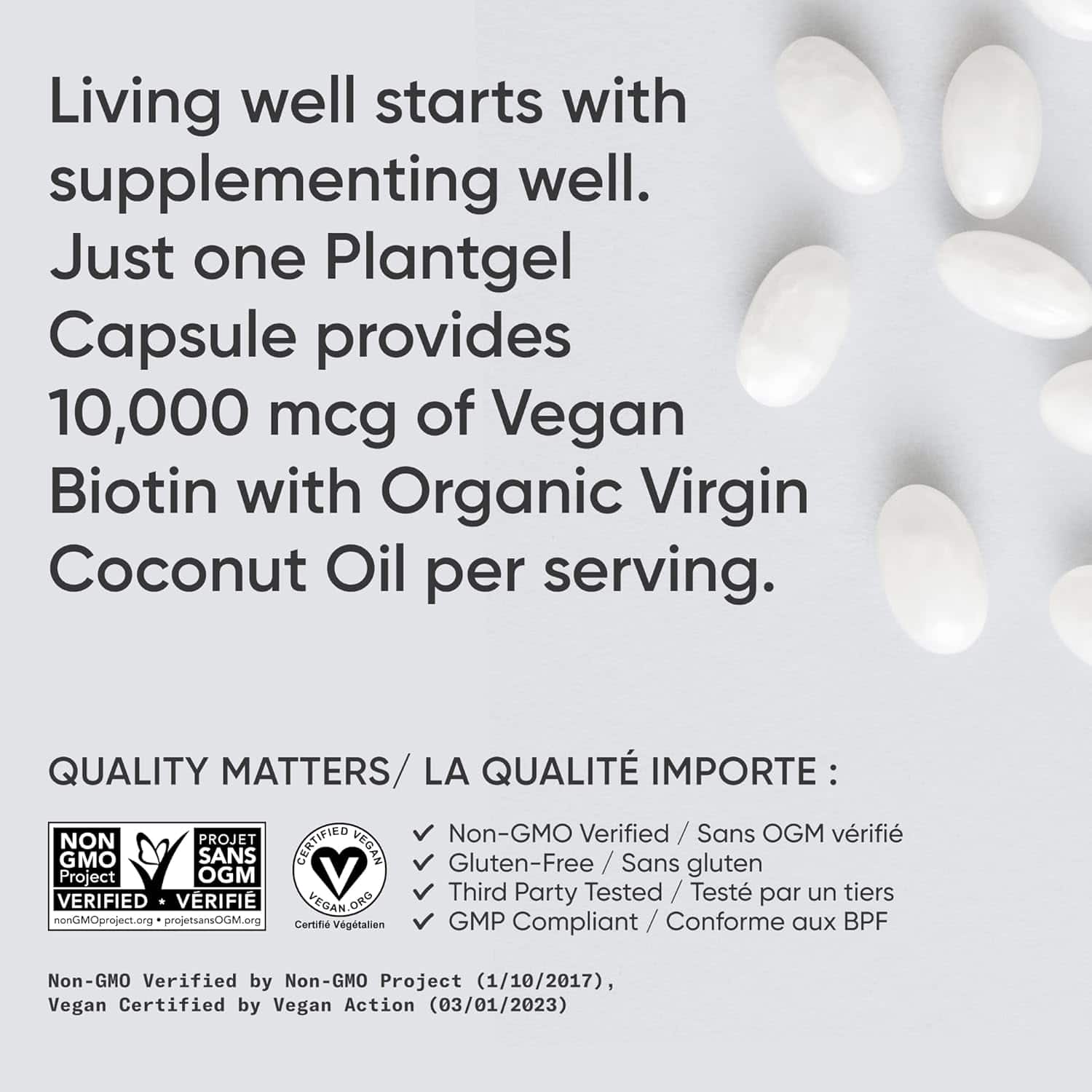 Sports Research Vegan Biotin 10000mcg Softgels – 120ct on a white background highlighting vegan ingredients.