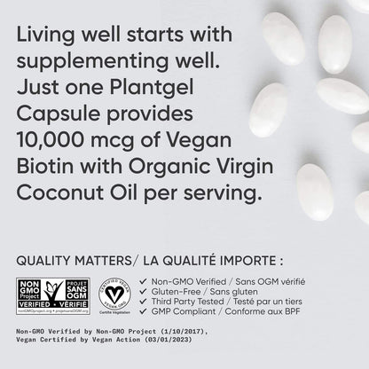 Sports Research Vegan Biotin 10000mcg Softgels – 120ct on a white background highlighting vegan ingredients.