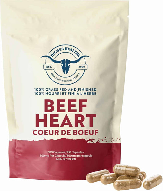Beef heart supplement package with capsules on a white background