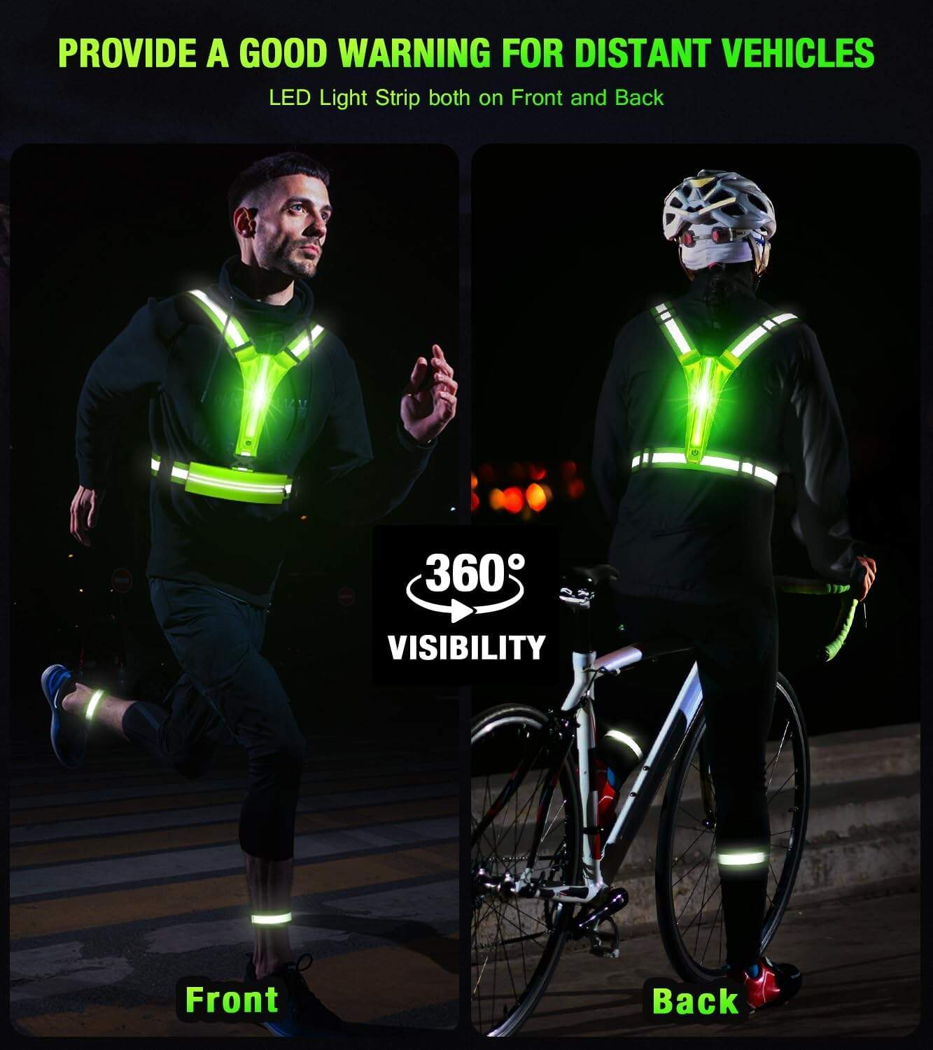 LED Reflective Running Vest Set – USB Rechargeable Light-Up Vest with Phone Holder, High Visibility Armbands, Adjustable Fit for Night Running, Walking, Cycling (Unisex) Fokia Kunbio