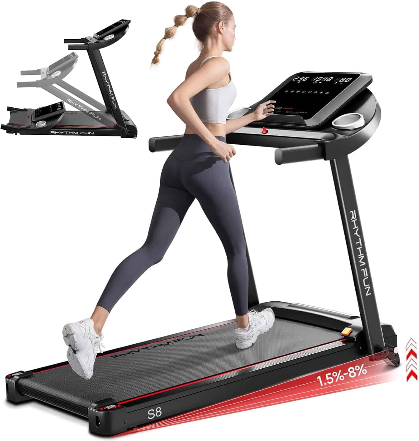 Woman using a treadmill with a close-up of the treadmill and additional treadmill parts on a white background.