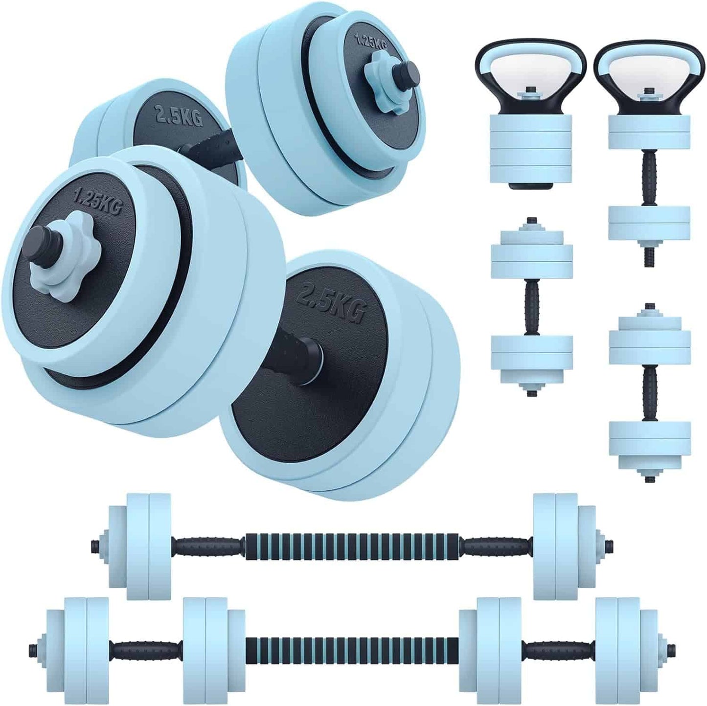 Set of blue dumbbells and resistance bands on a white background