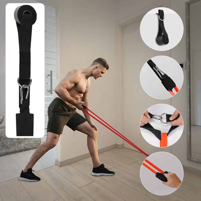 Man using resistance bands in a home setting with close-up insets of the equipment.