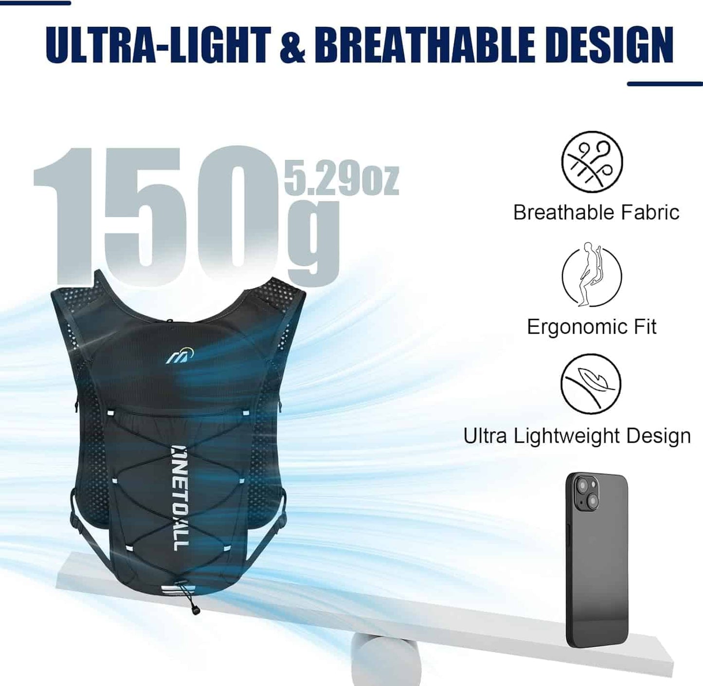 Lightweight Hydration Running Vest – 5.5L Pack with 2L Bladder for Marathon, Trail Running, Hiking & Cycling (Unisex, 150g) ONETOALL