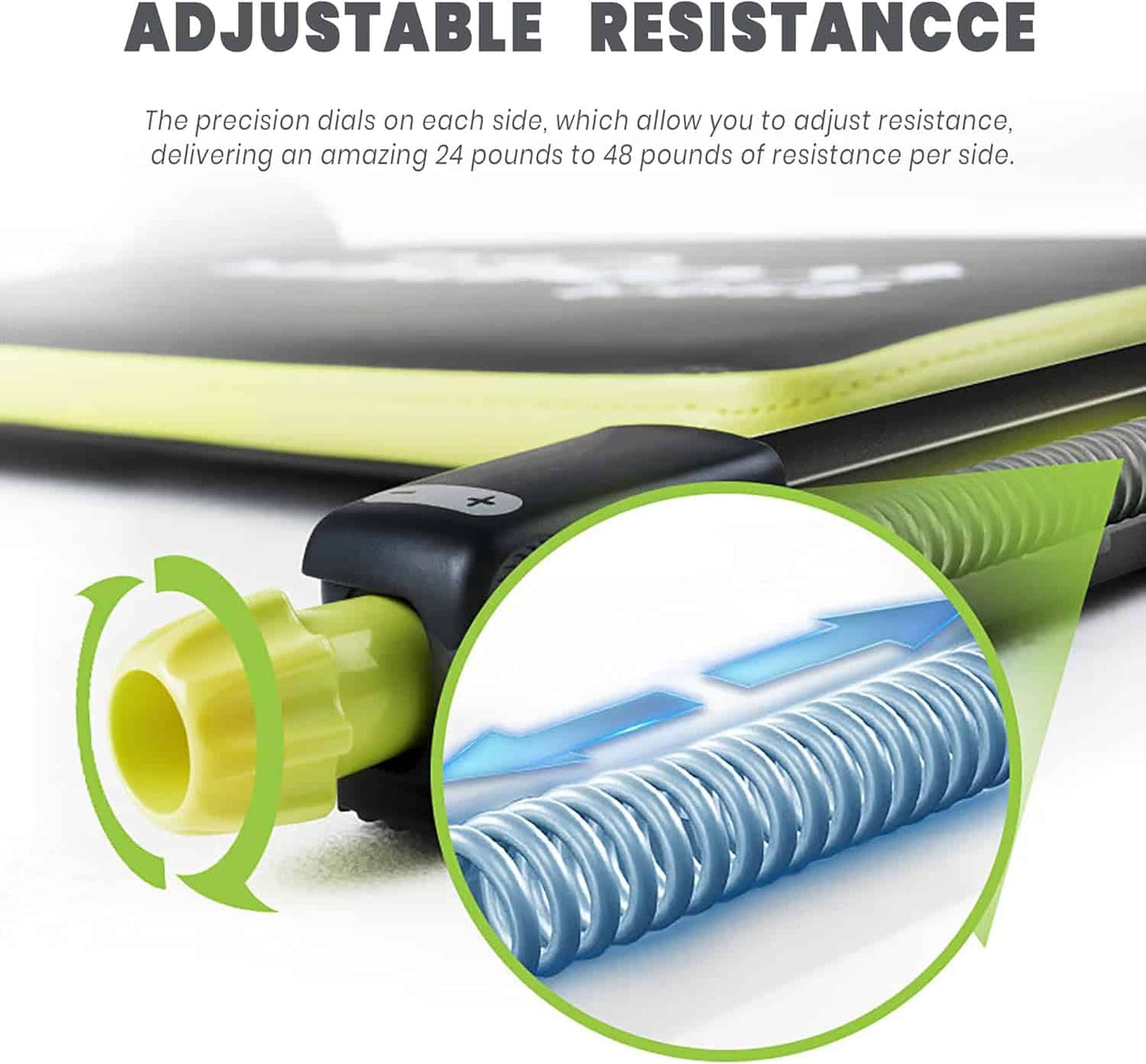 Close-up of adjustable resistance device with text explaining its features.