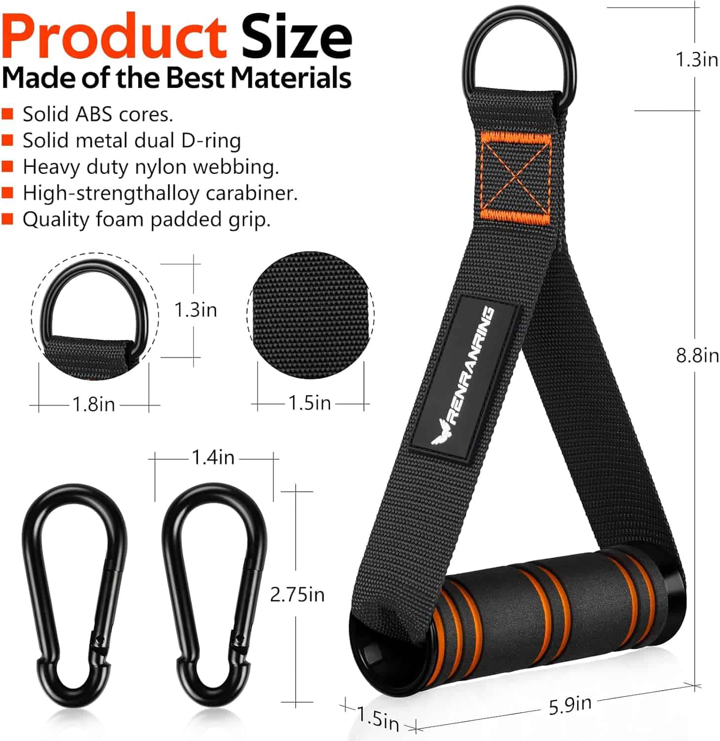 Black and orange resistance band with carabiners and measurements on a white background