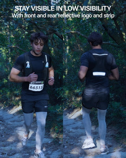 Person running outdoors with reflective logo and strip on clothing
