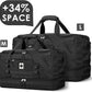 Two black duffel bags with a visible brand logo on a white background, labeled M and L with text '+34% SPACE'.