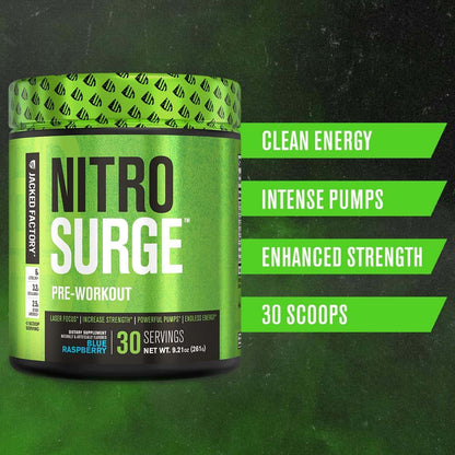 Nitro Surge pre-workout supplement container with green label on a green background