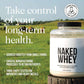 Naked Whey protein powder container with a field background and text about health and sourcing.