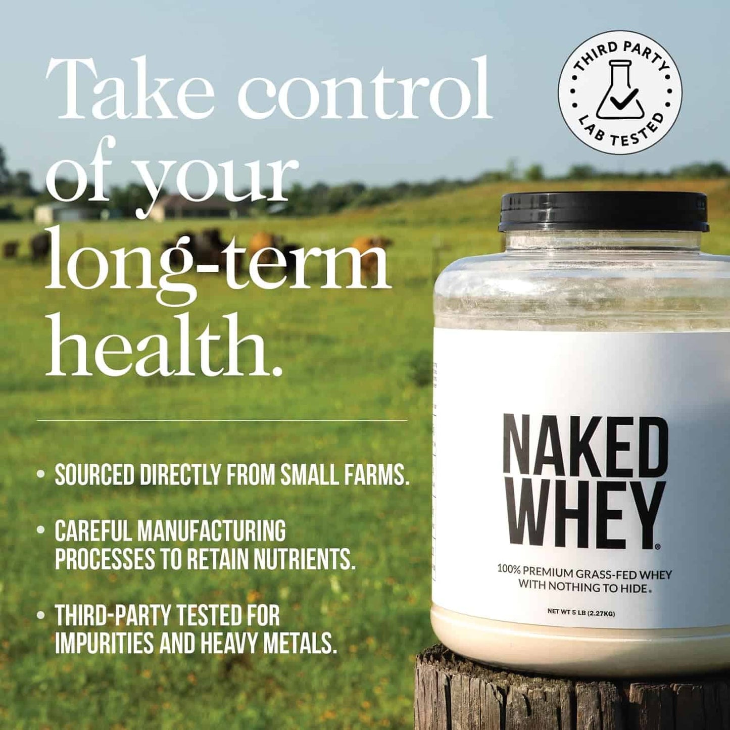 Naked Whey protein powder container with a field background and text about health and sourcing.