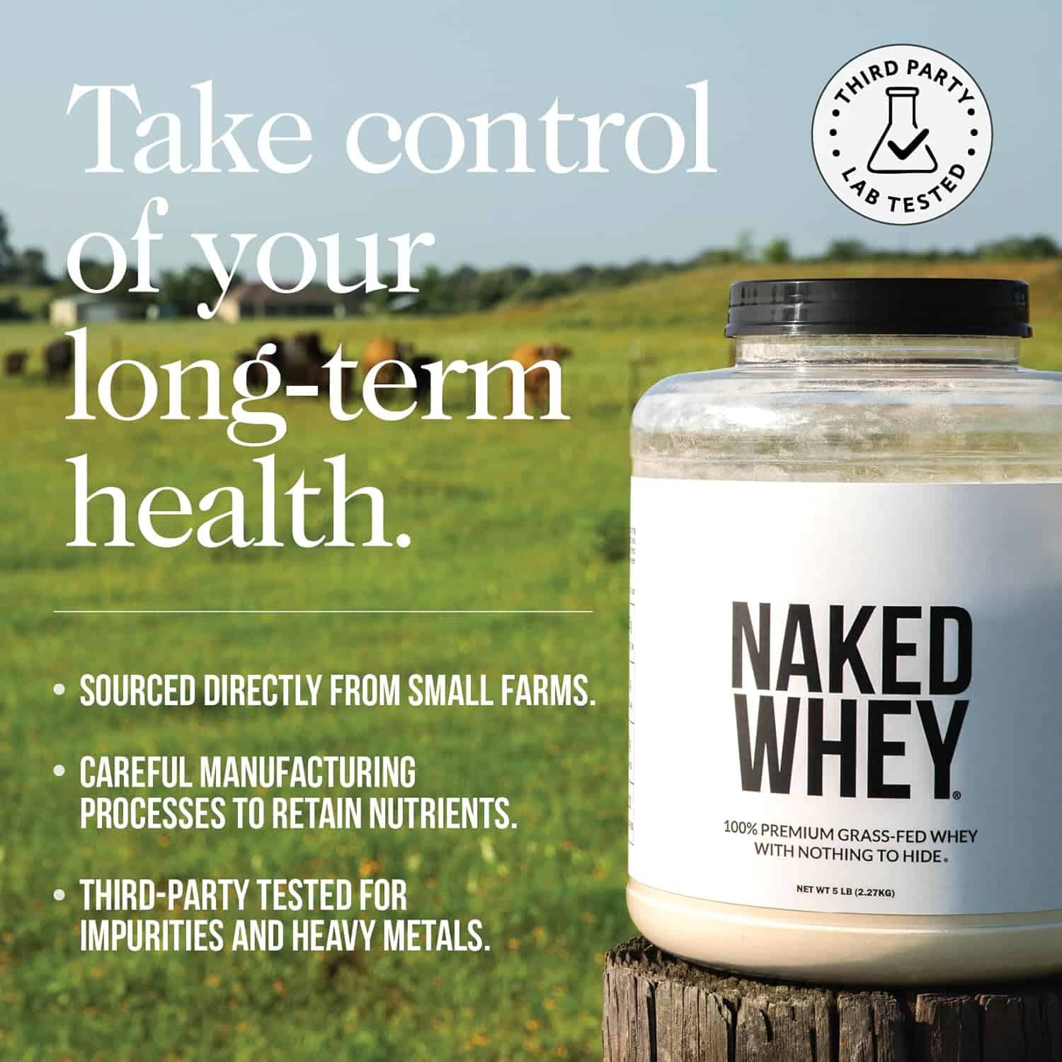Naked Whey protein powder container with a field background and text about health and sourcing.