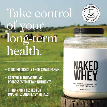 Naked Whey protein powder container with a field background and text about health and sourcing.