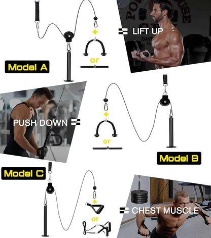 Collage of a fitness equipment product with usage instructions and images of a person using it.