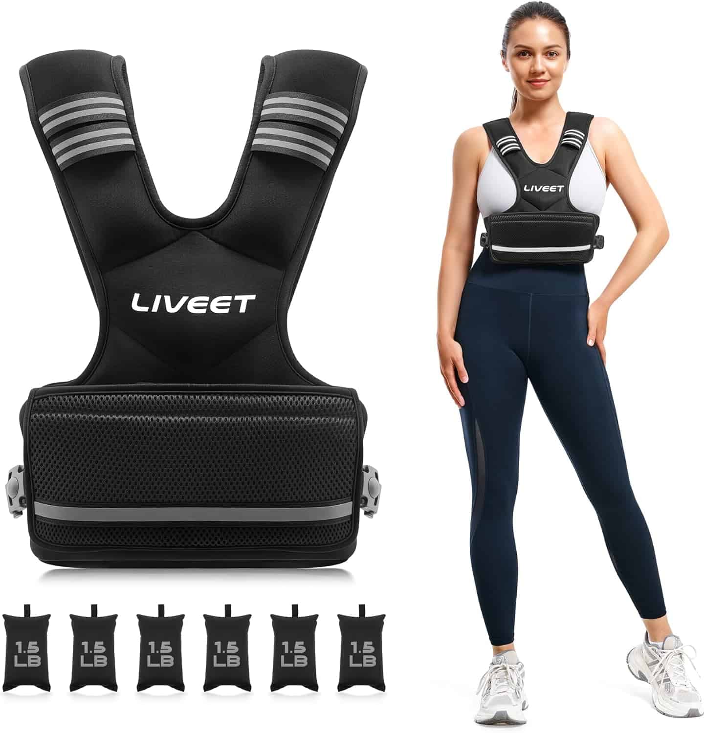 Black weight vest with straps and a woman wearing it on a white background