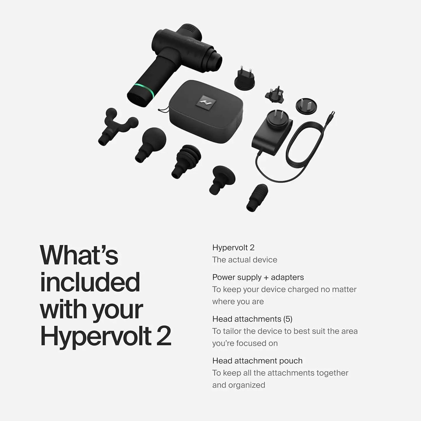 Hypervolt 2 device with attachments on a white background
