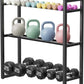Black metal weight rack with kettlebells and dumbbells on a white background