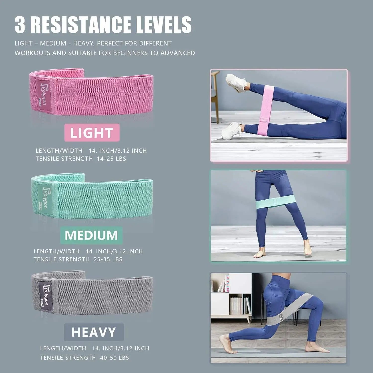 Resistance bands with three resistance levels shown on a gray background