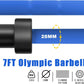 7ft Olympic barbell with 28mm diameter and specifications on a blue and white background