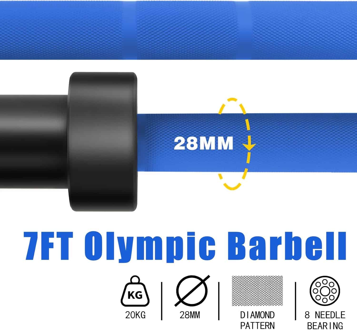 7ft Olympic barbell with 28mm diameter and specifications on a blue and white background