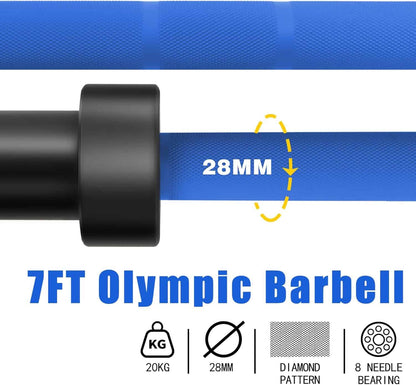 7ft Olympic barbell with 28mm diameter and specifications on a blue and white background