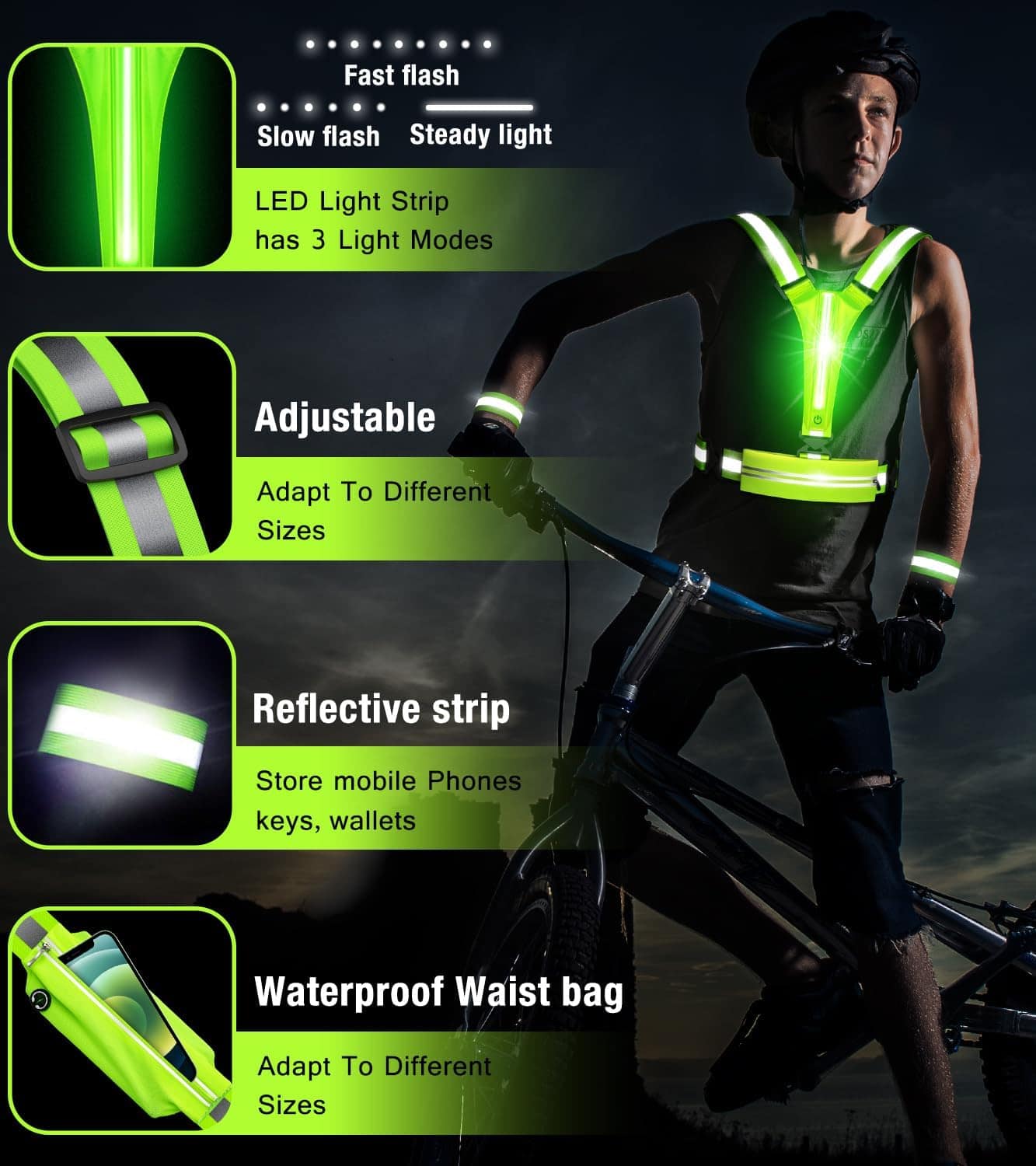 LED Reflective Running Vest Set – USB Rechargeable Light-Up Vest with Phone Holder, High Visibility Armbands, Adjustable Fit for Night Running, Walking, Cycling (Unisex) Fokia Kunbio